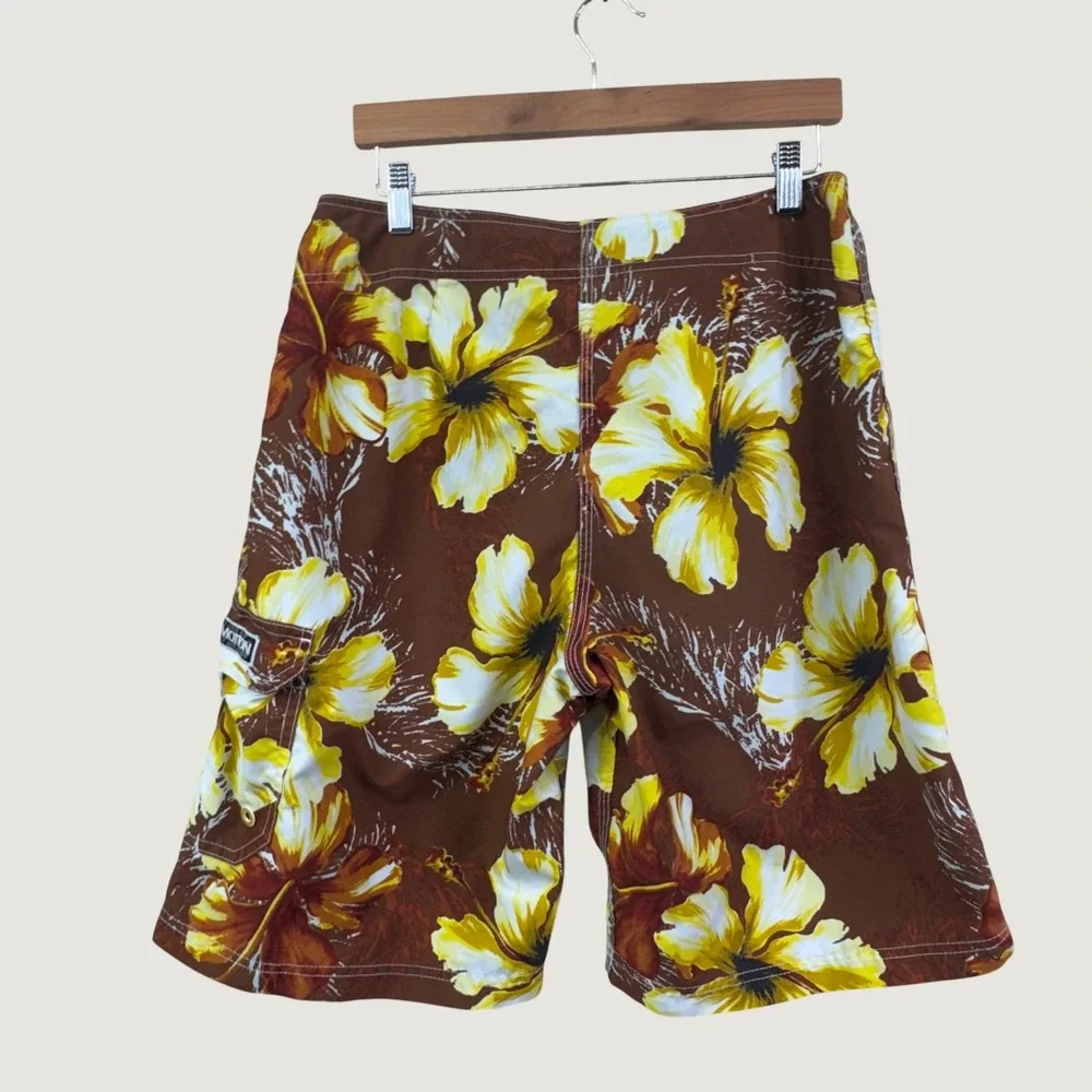 Local Motion Board Shorts 32 Brown Floral Hibiscus Surf Beach Skater Retro